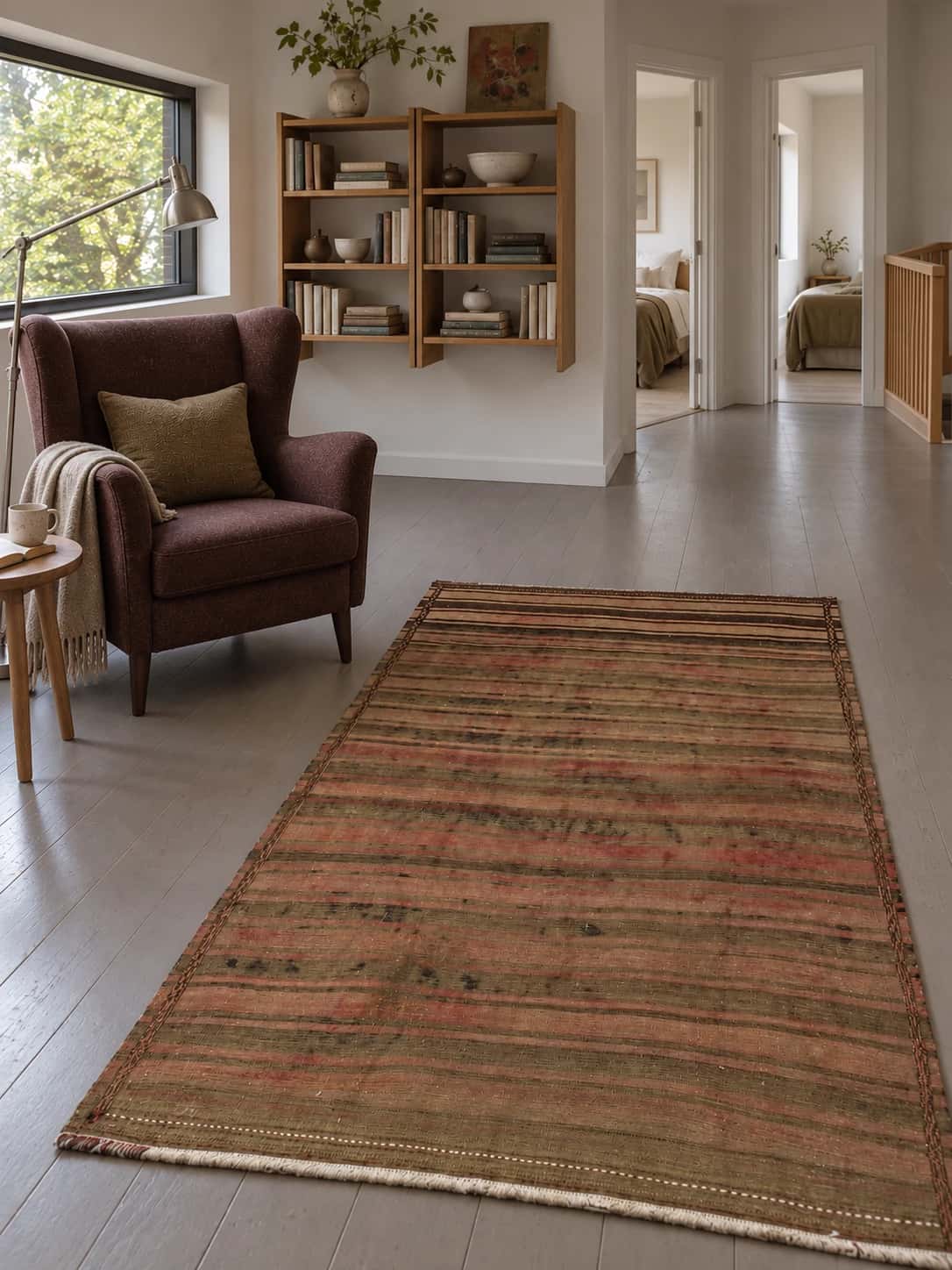Persian Sumak Kilim rug, 145x230 cm, mainly brown — In a room