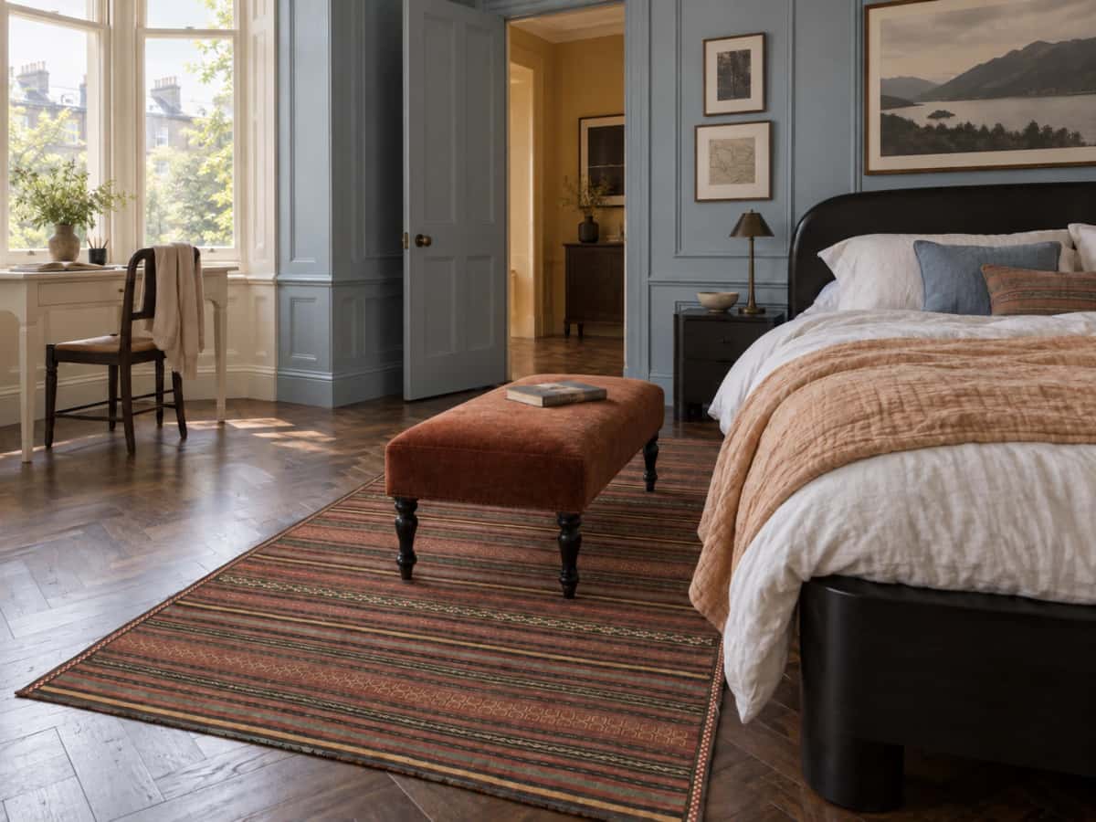 Persian Sumak Kilim rug, 150x200 cm, mainly brown — In a room
