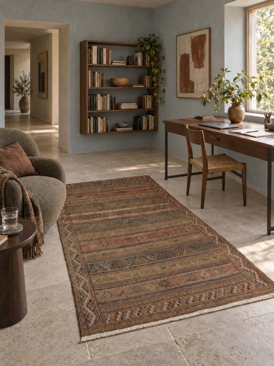 Persian Sumak Kilim rug, 140x218 cm, mainly brown — In a room
