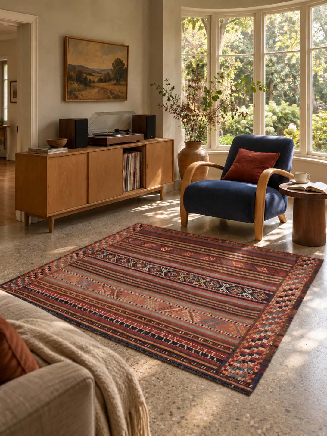 Alfombra persa kilim sumak, 113x128 cm, principalmente en marrón y rojo — En una habitación