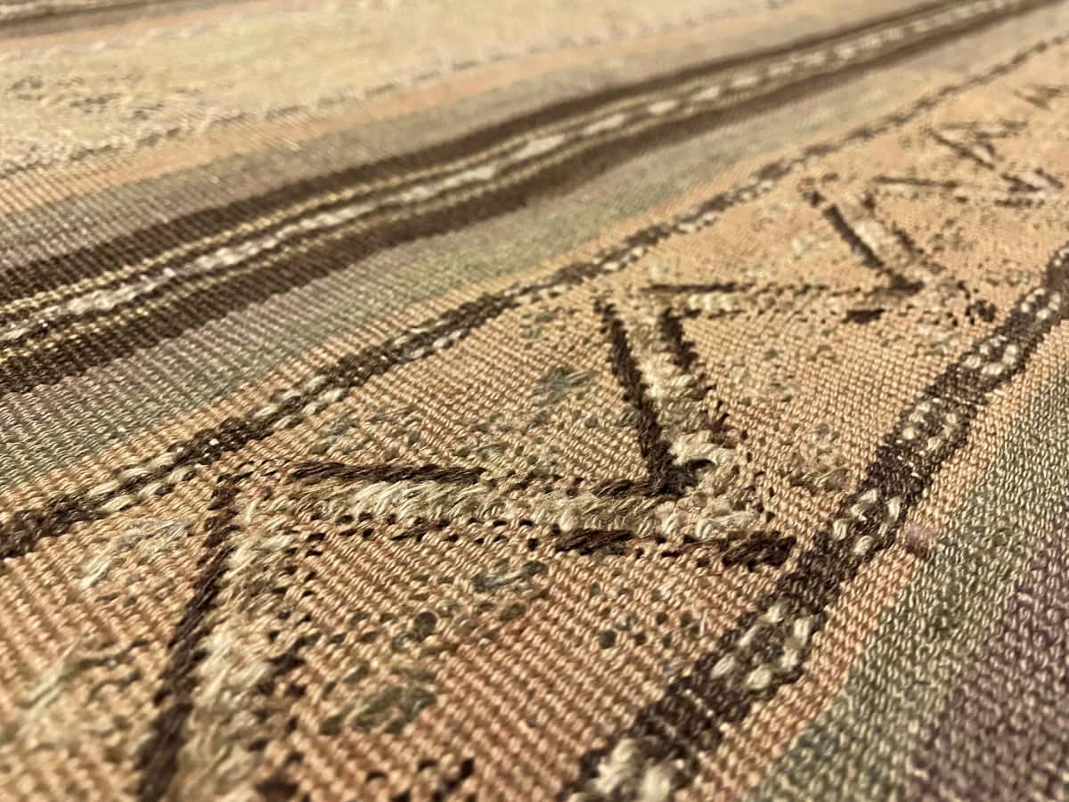 Persian rug of Sumak style in dimensions 268 centimeters length by 153 centimeters width with mainly green and brown colors — Texture close-up