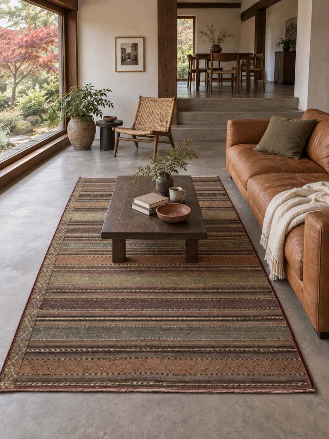 Persian Sumak Kilim rug, 153x268 cm, mainly green and brown — In a room