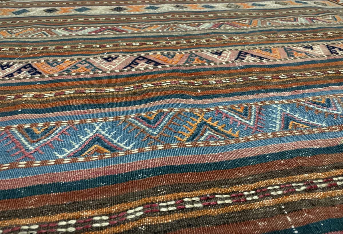 Persian rug of Sumak style in dimensions 188 centimeters length by 160 centimeters width with mainly green and blue colors — Texture close-up