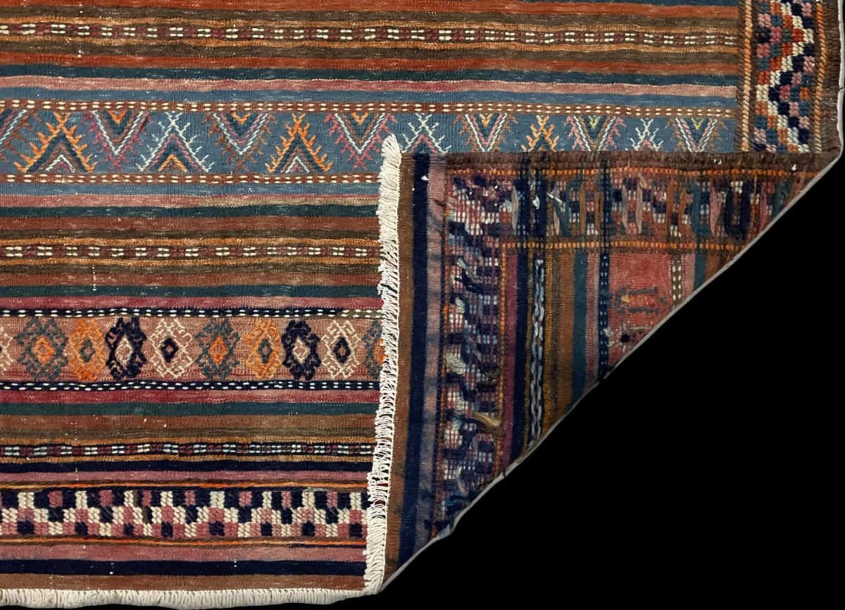 Persian rug of Sumak style in dimensions 188 centimeters length by 160 centimeters width with mainly green and blue colors — Folded