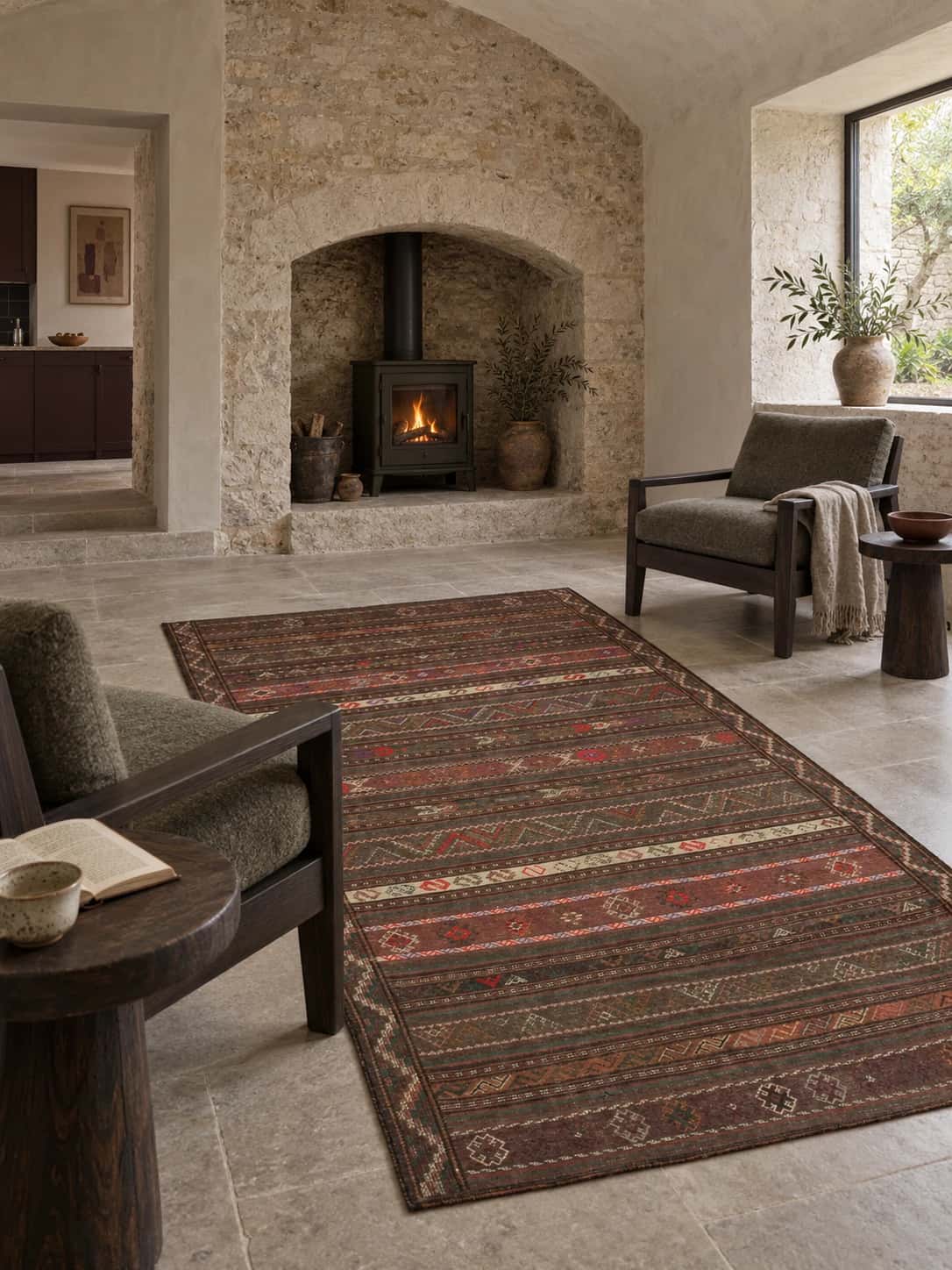 Alfombra persa kilim sumak, 145x260 cm, principalmente en marrón y verde — En una habitación