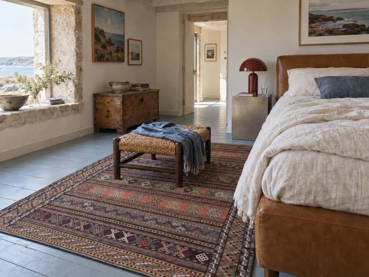 Alfombra persa kilim sumak, 151x205 cm, principalmente en morado y marrón — En una habitación