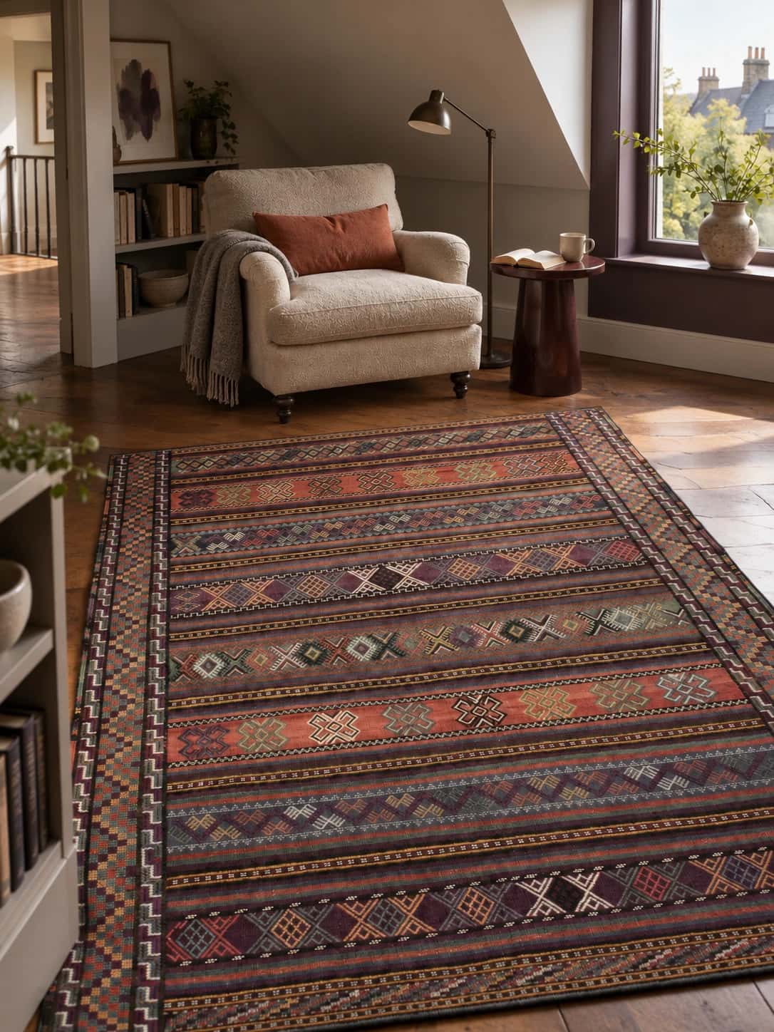Alfombra persa kilim sumak, 151x205 cm, principalmente en morado y marrón — En una habitación