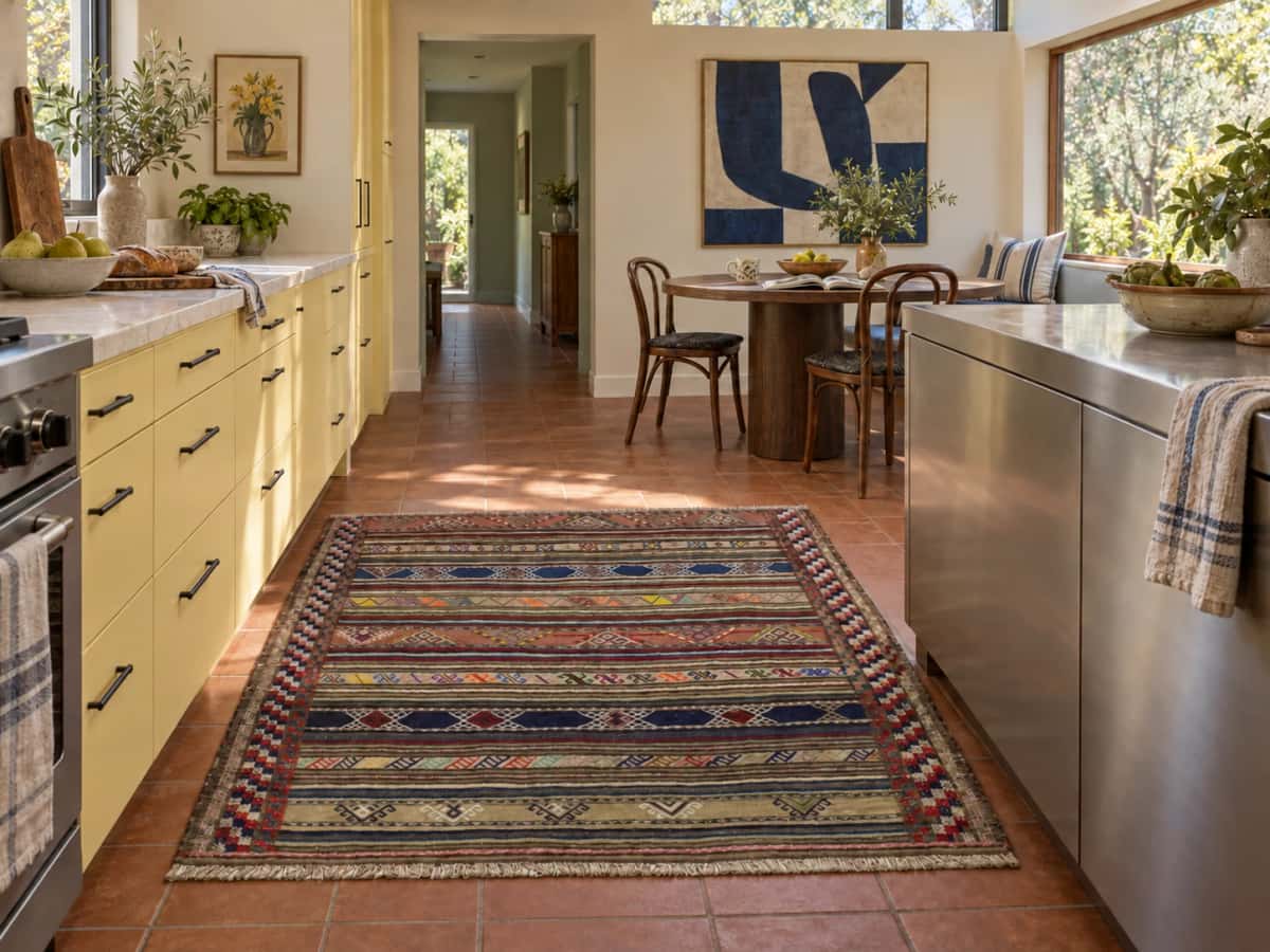 Persian Sumak Kilim rug, geometric, 155x159 cm, multicoloured — In a room