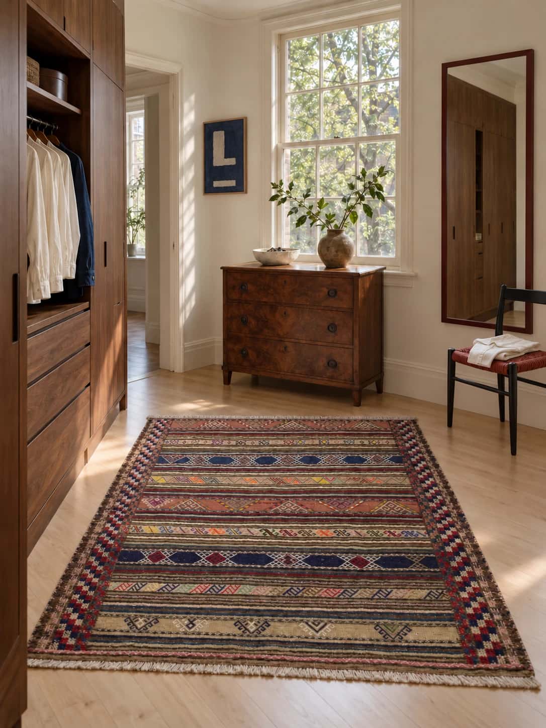 Persian Sumak Kilim rug, geometric, 155x159 cm, multicoloured — In a room
