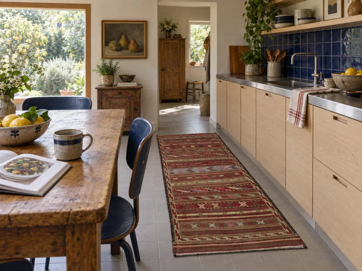 Persian Sumak Kilim rug, geometric, 113x222 cm, multicoloured — In a room