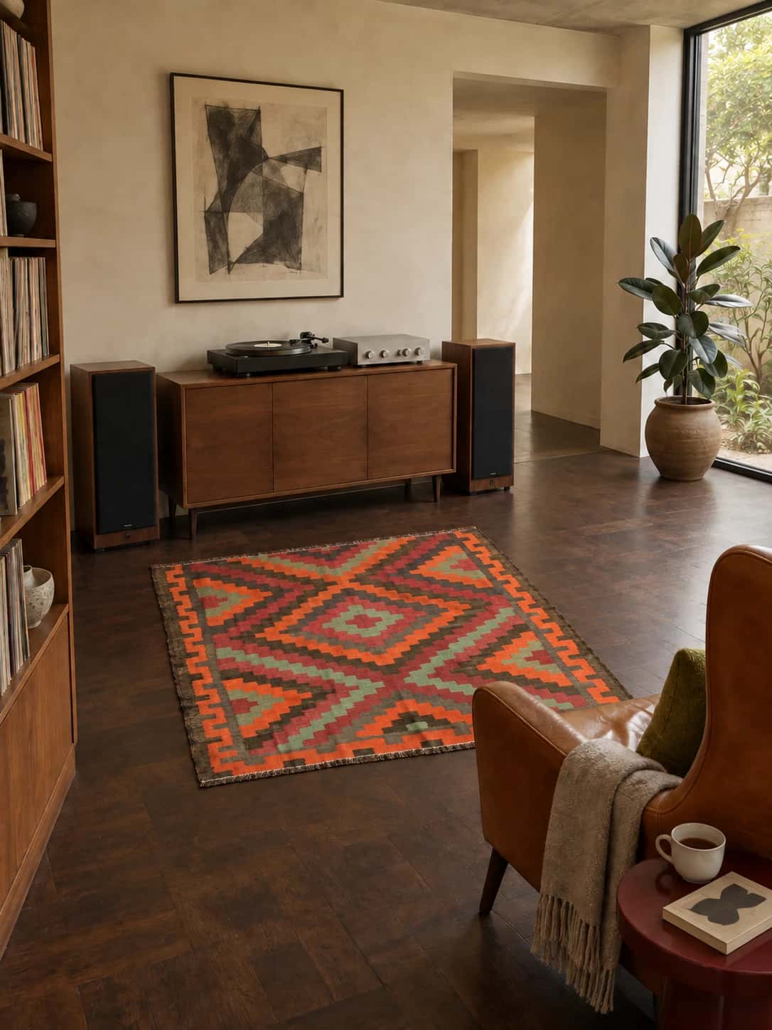 Persian Khorasan Kilim, 130x133 cm, mainly orange and red — In a room