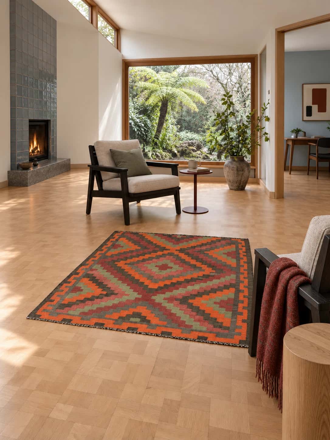 Persian Khorasan Kilim, 130x133 cm, mainly orange and red — In a room