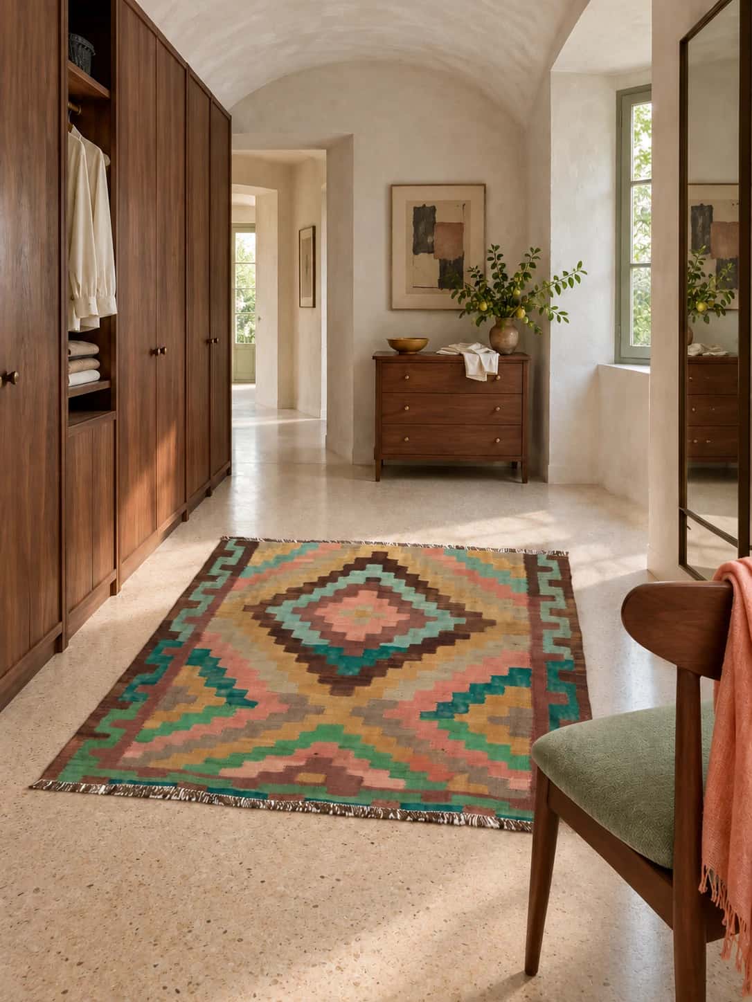 Persian Kilim, 126x134 cm, multicolored — In a room