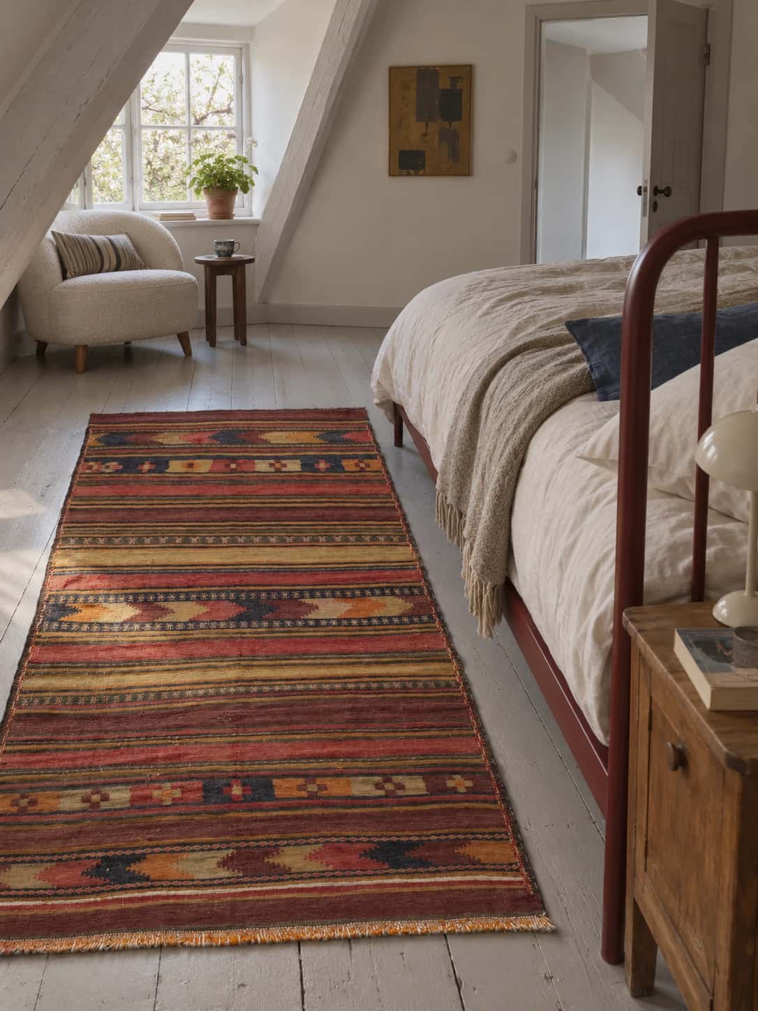 Alfombra persa kilim sumak, 130x210 cm, principalmente en marrón — En una habitación