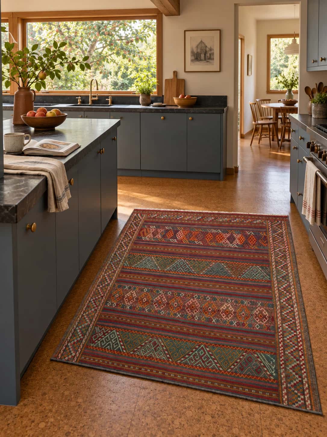 Persian Sumak Kilim rug, 152x176 cm, mainly brown — In a room