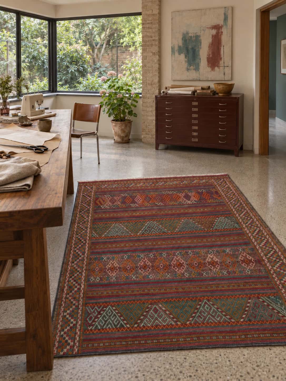 Persian Sumak Kilim rug, 152x176 cm, mainly brown — In a room