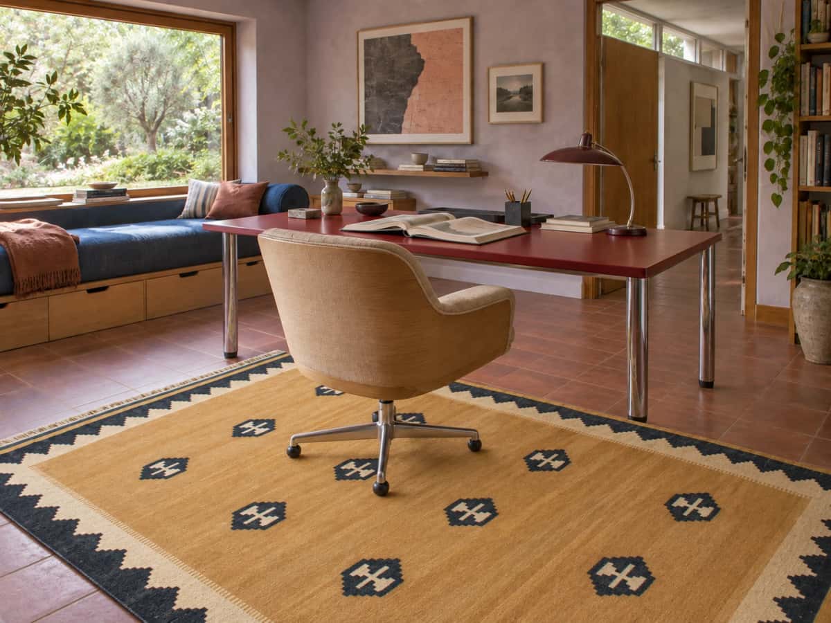 Alfombra kilim persa, 160x231 cm, principalmente en amarillo — En una habitación