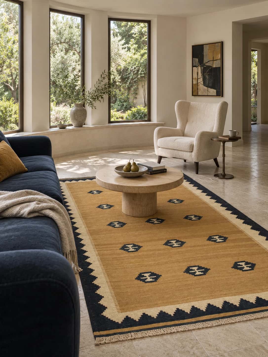 Alfombra kilim persa, 160x231 cm, principalmente en amarillo — En una habitación