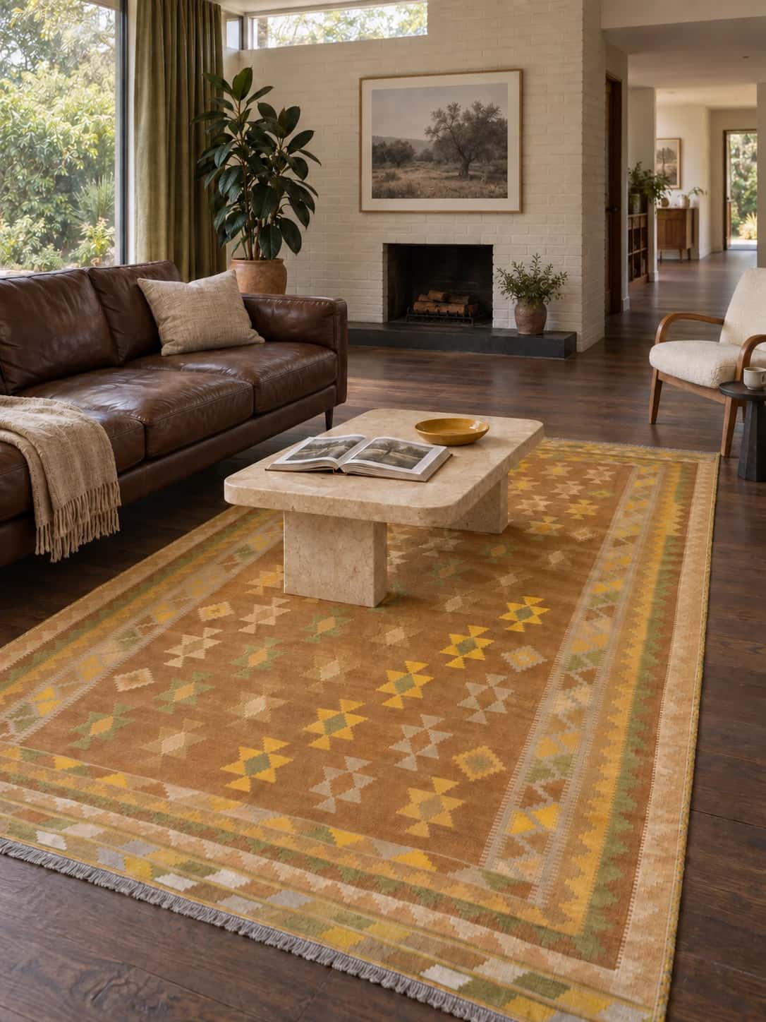 Persian Khorasan Kilim, 147x285 cm, mainly yellow — In a room