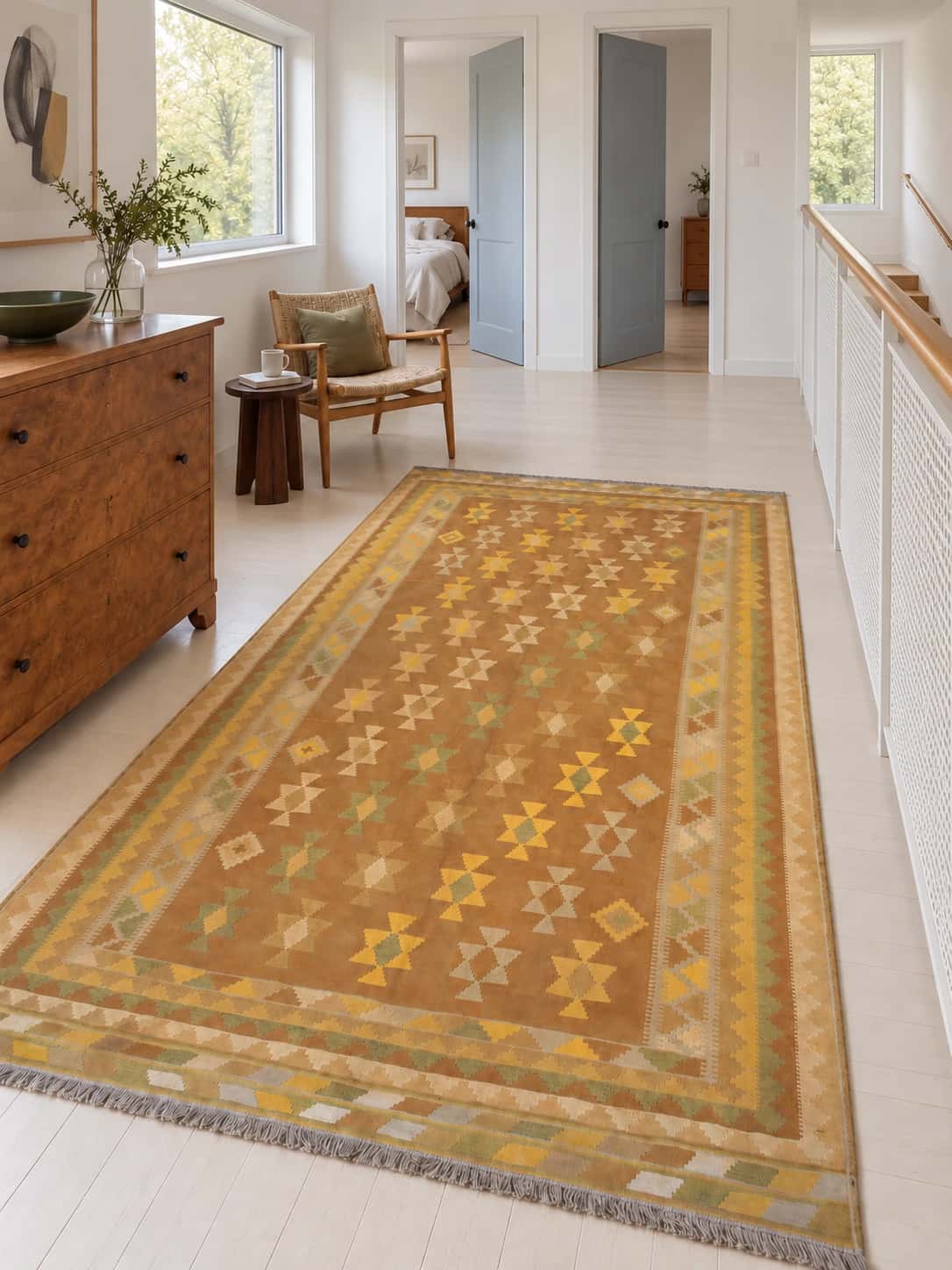 Persian Khorasan Kilim, 147x285 cm, mainly yellow — In a room
