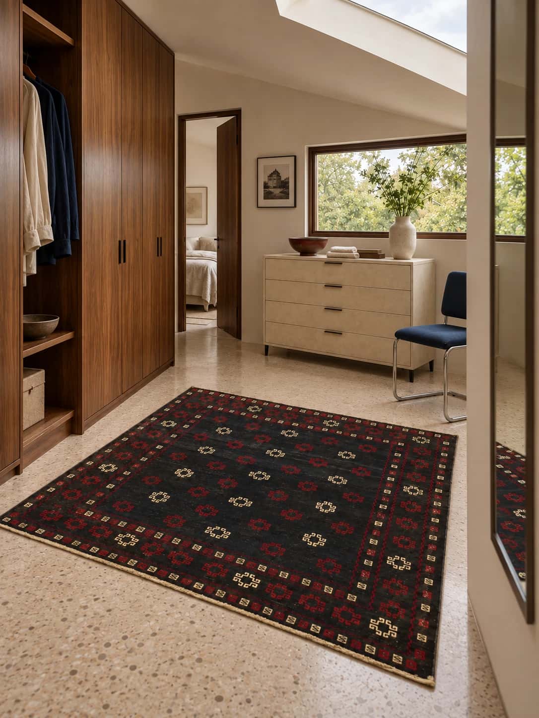 Persian rug, 138x139 cm, mainly blue — In a room