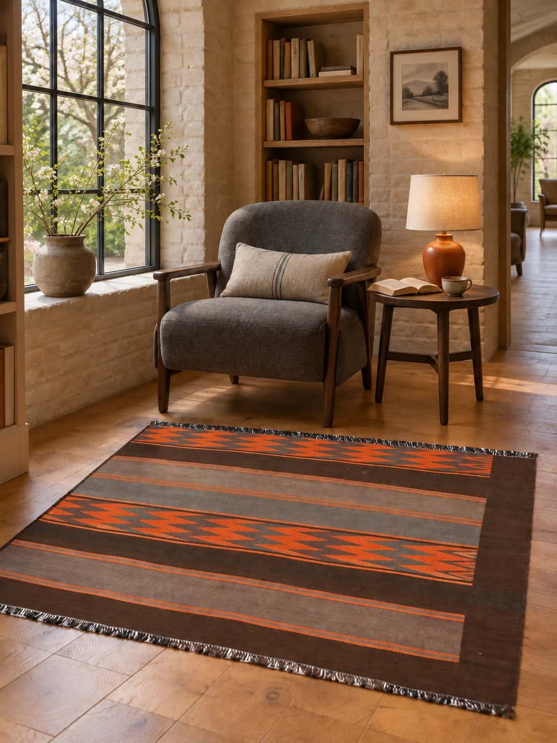 Persian Kilim, 115x137 cm, mainly orange and brown — In a room