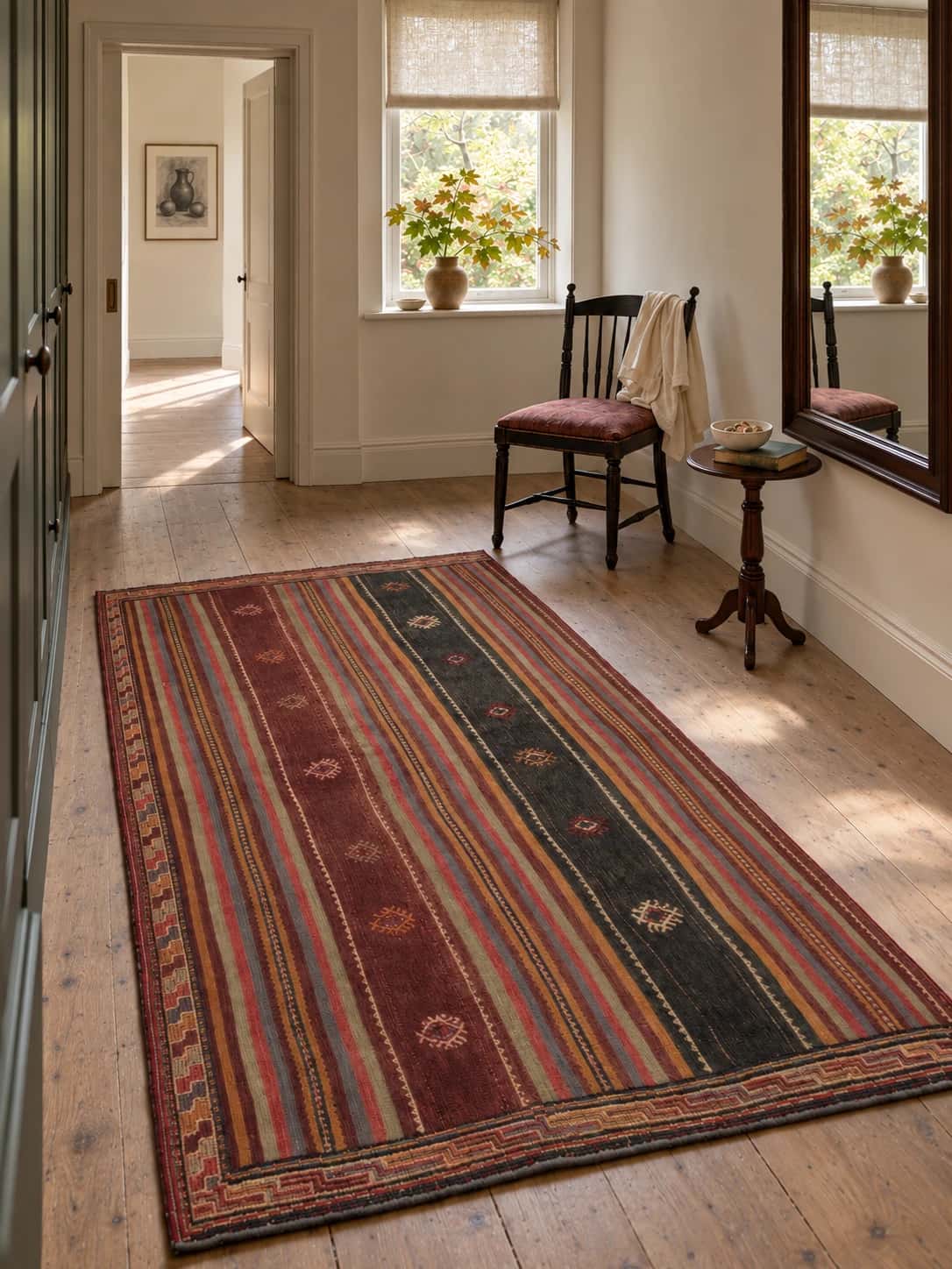 Alfombra persa kilim sumak, geométrica, 115x194 cm, de colores variados — En una habitación