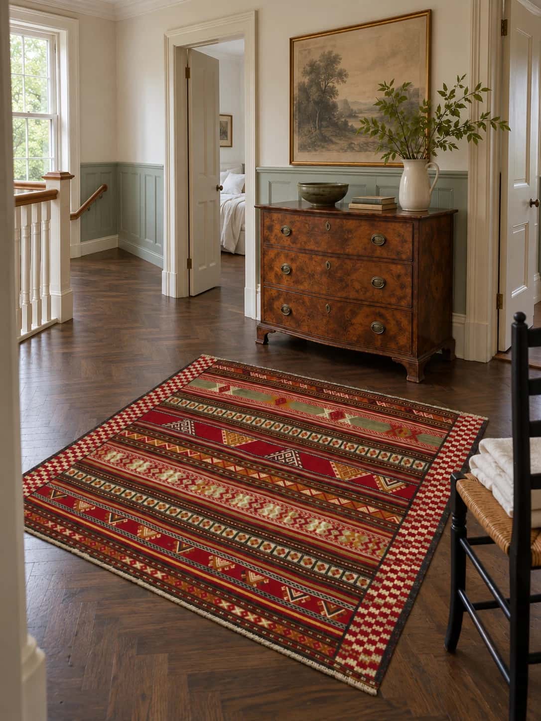 Alfombra persa kilim sumak, geométrica, 135x146 cm, de colores variados — En una habitación