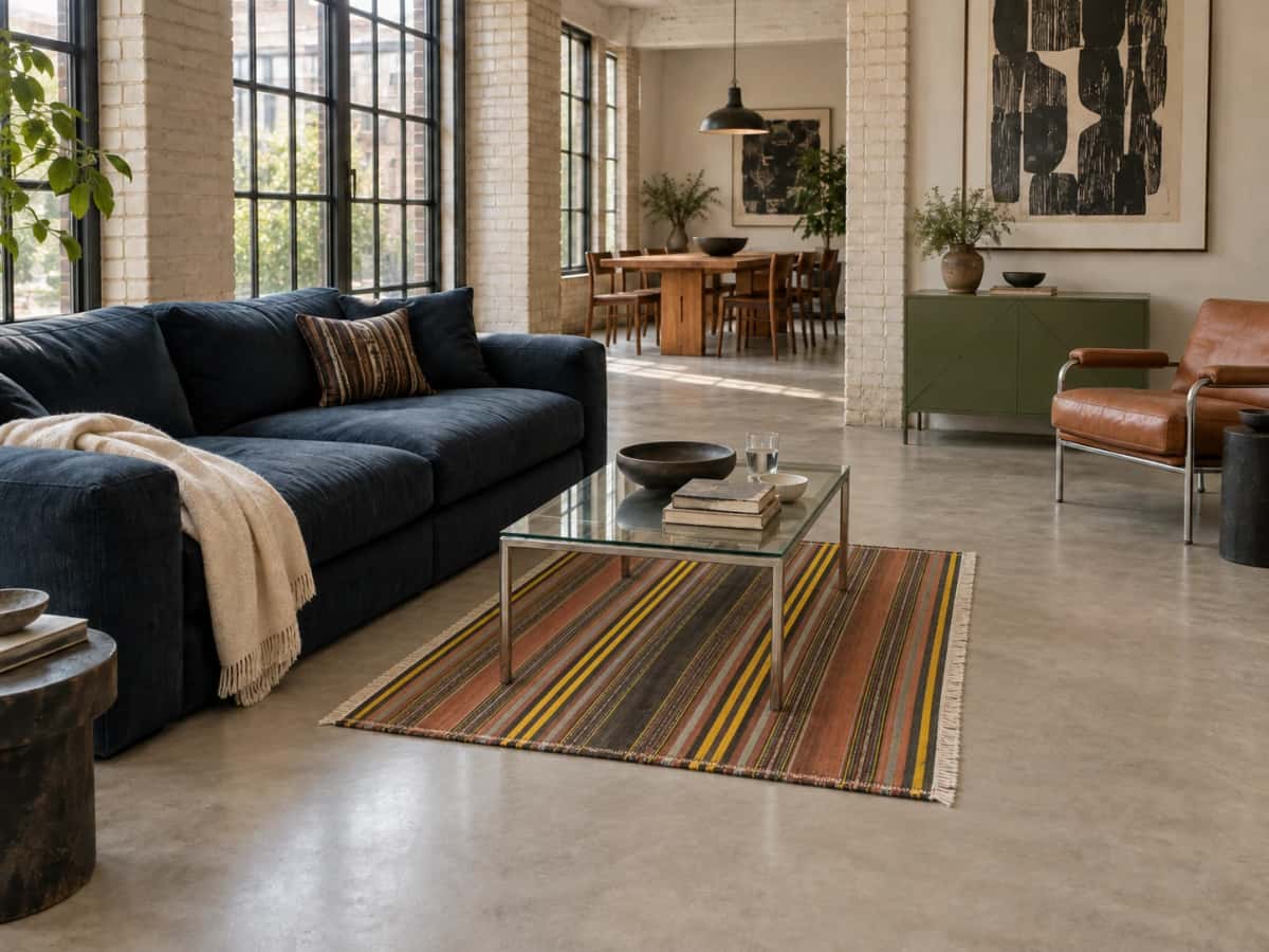 Alfombra persa kilim sumak, 117x141 cm, principalmente en amarillo y marrón — En una habitación