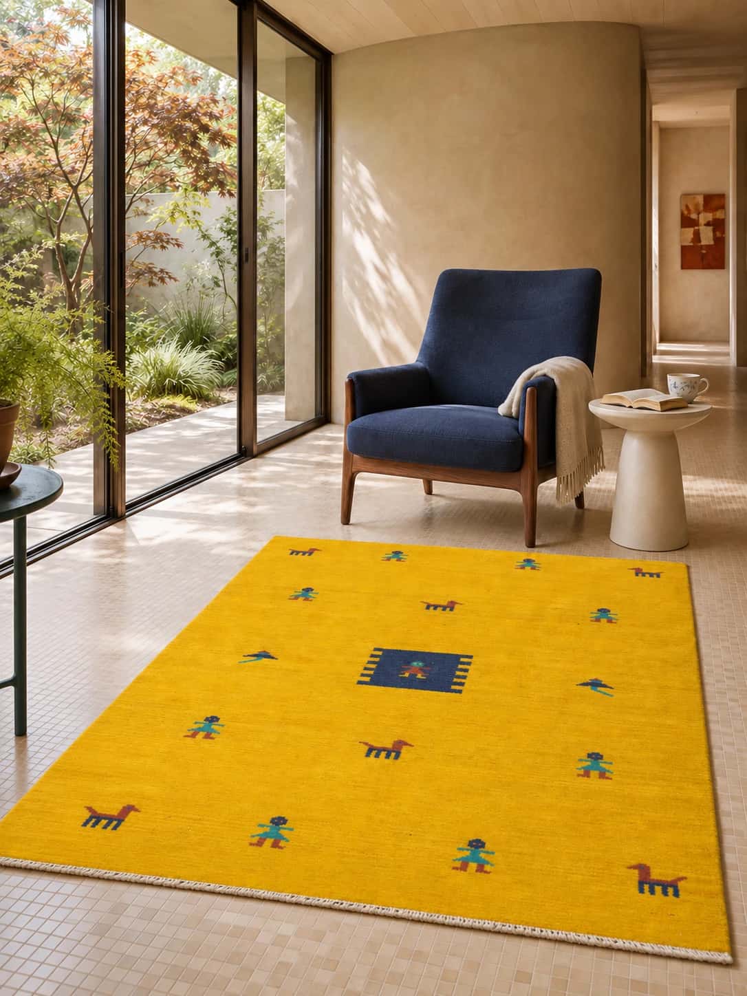 Persian Kilim, 148x178 cm, mainly yellow — In a room