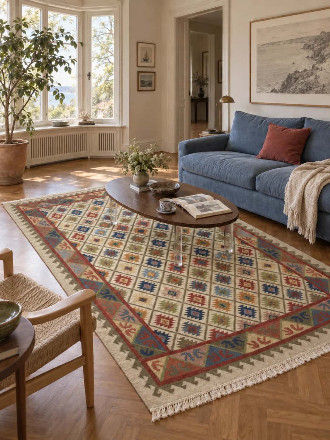 Indiase kelim, 183x274 cm, overwegend beige — In een kamer