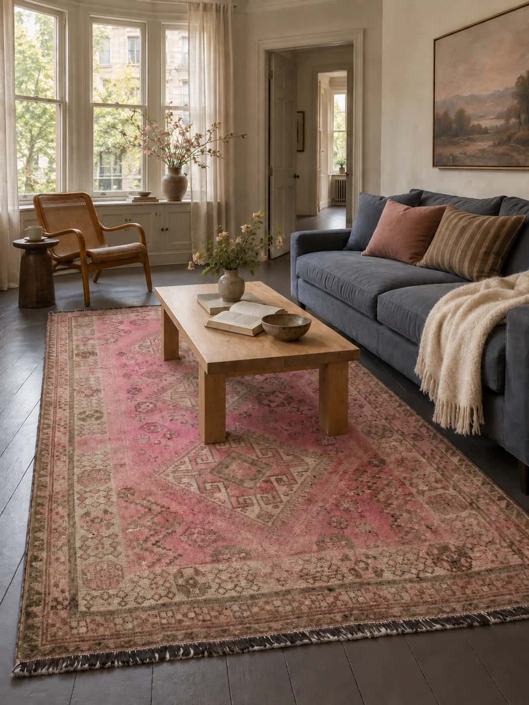 Alfombra persa, vintage, 150x245 cm, principalmente en rosa — En una habitación