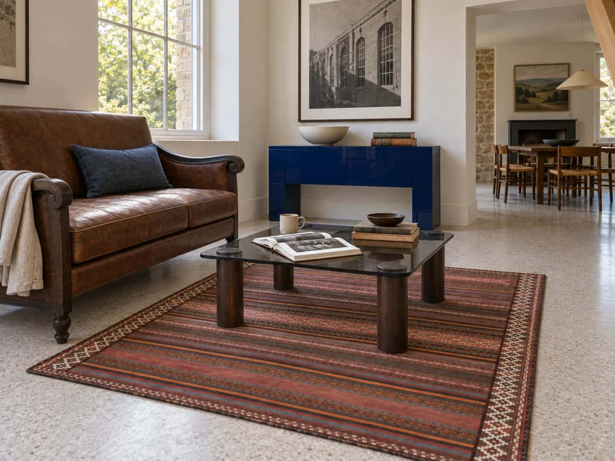 Persian Sumak Kilim rug, 145x180 cm, mainly orange — In a room