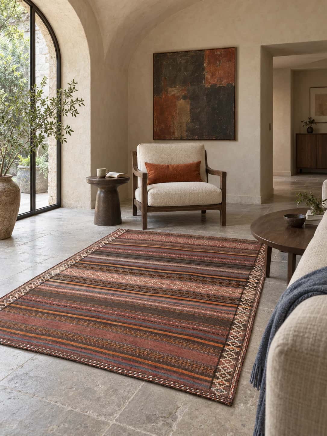 Persian Sumak Kilim rug, 145x180 cm, mainly orange — In a room