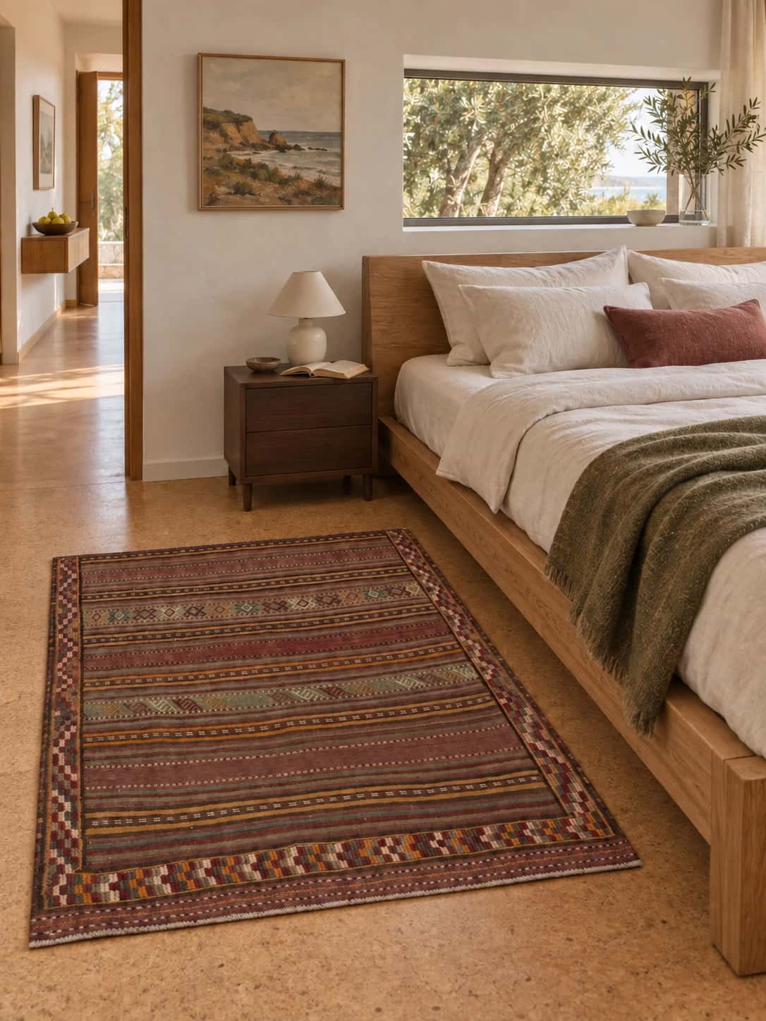 Persian Sumak Kilim rug, 128x140 cm, mainly brown — In a room