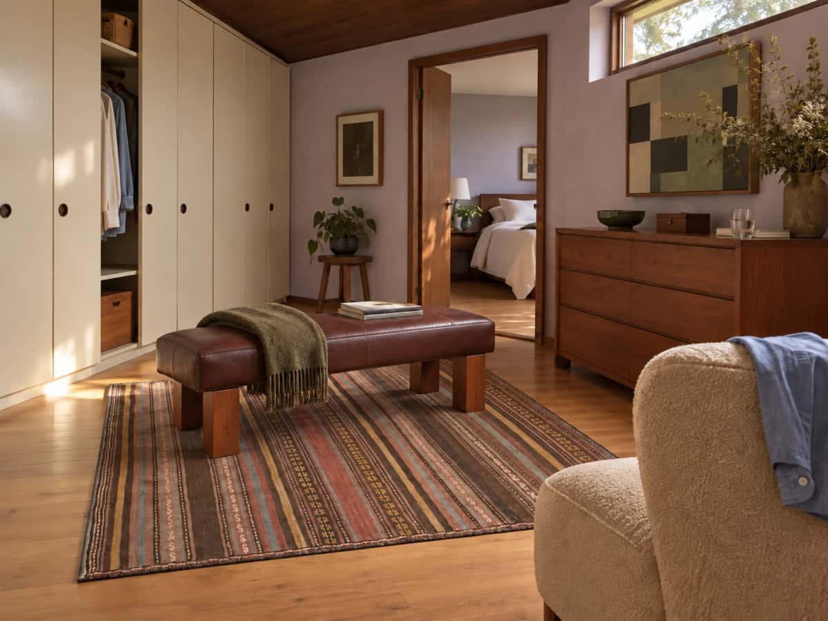 Persian Sumak Kilim rug, 142x145 cm, mainly brown — In a room