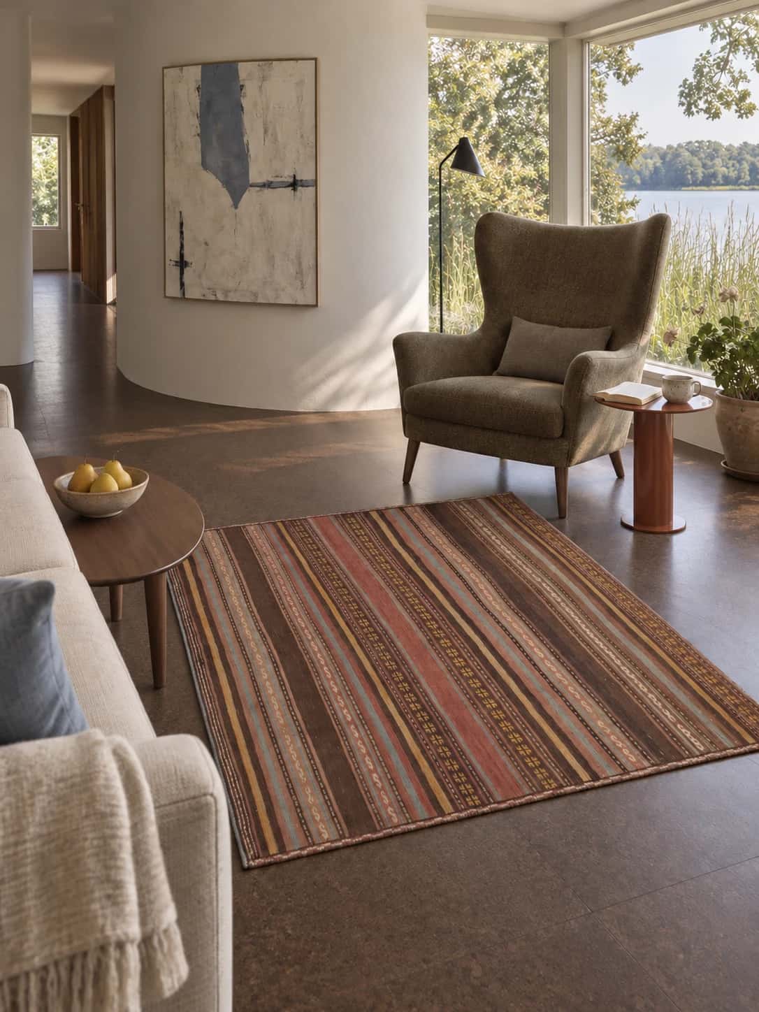 Persian Sumak Kilim rug, 142x145 cm, mainly brown — In a room
