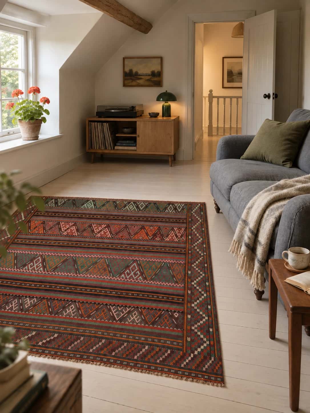Persian Sumak Kilim rug, 135x155 cm, mainly green and brown — In a room