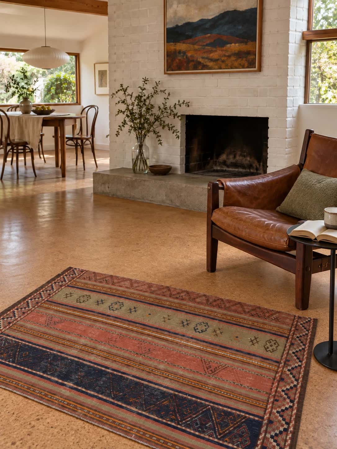 Alfombra persa kilim sumak, geométrica, 108x162 cm, de colores variados — En una habitación