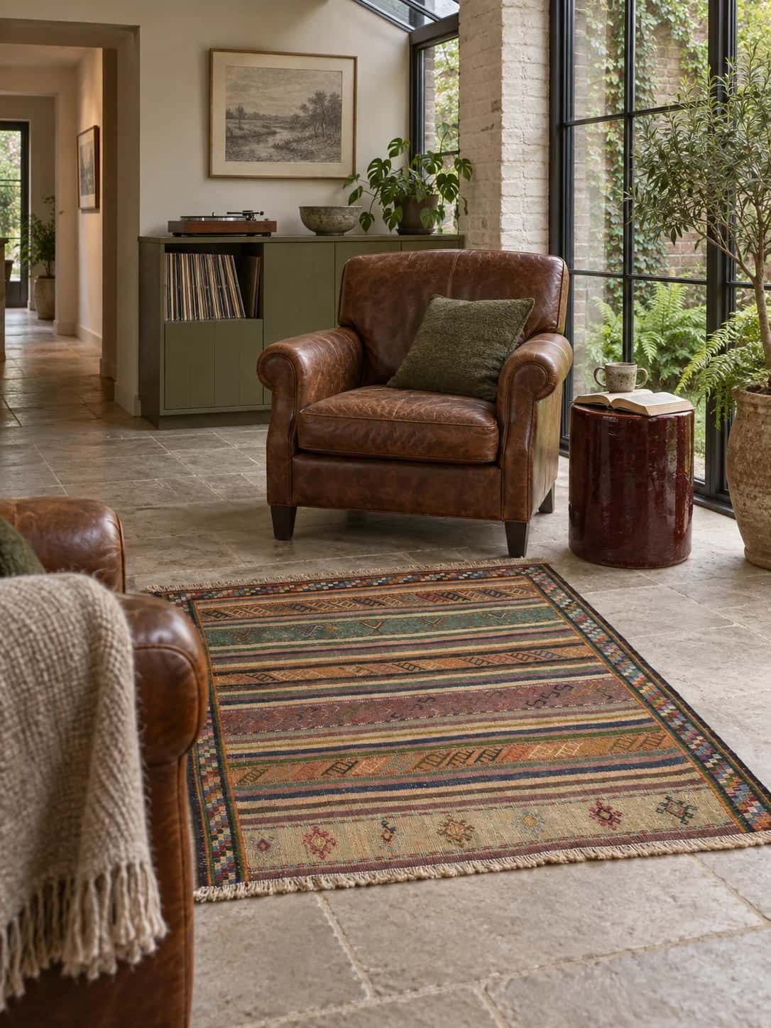 Persian Sumak Kilim rug, 120x128 cm, mainly green and yellow — In a room