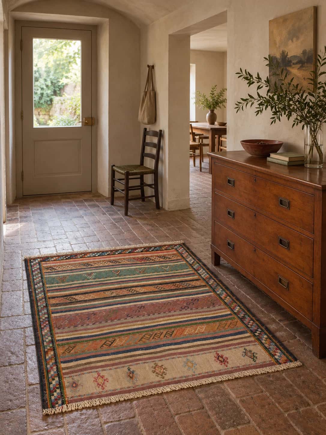 Persian Sumak Kilim rug, 120x128 cm, mainly green and yellow — In a room