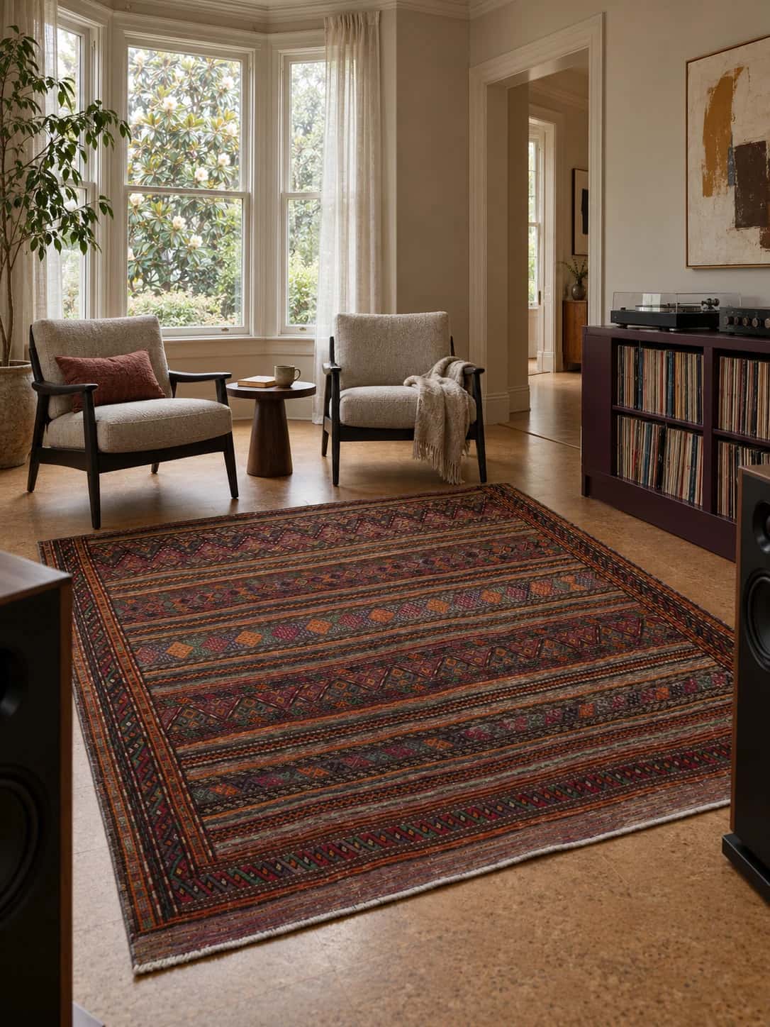 Alfombra persa kilim sumak, geométrica, 156x157 cm, de colores variados — En una habitación