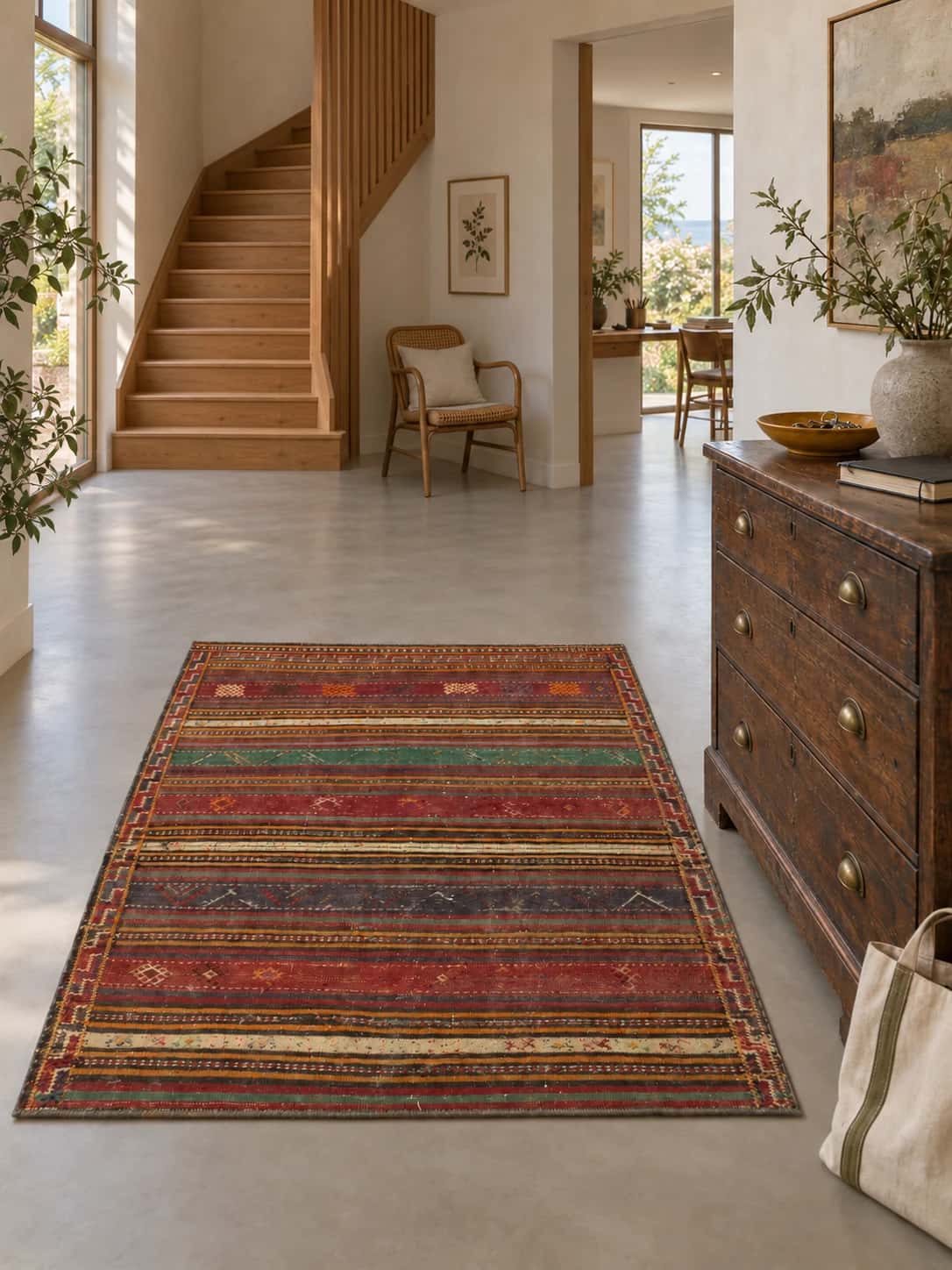 Persian Sumak Kilim rug, geometric, 150x185 cm, mainly brown — In a room