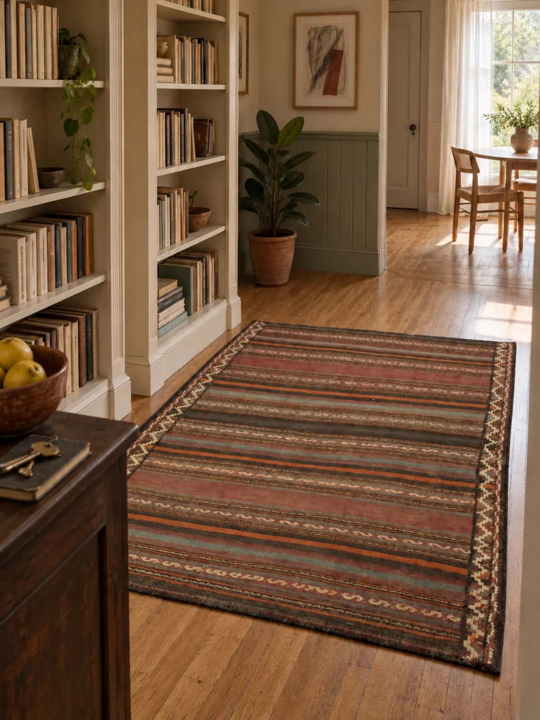 Persian Sumak Kilim rug, 138x163 cm, mainly brown — In a room