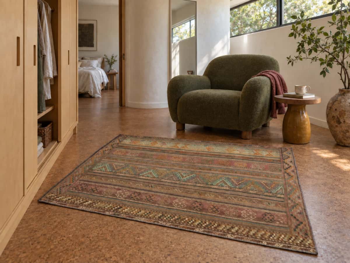 Perzisch tapijt kelim-sumak, geometrisch, 120x166 cm, kleurrijk — In een kamer