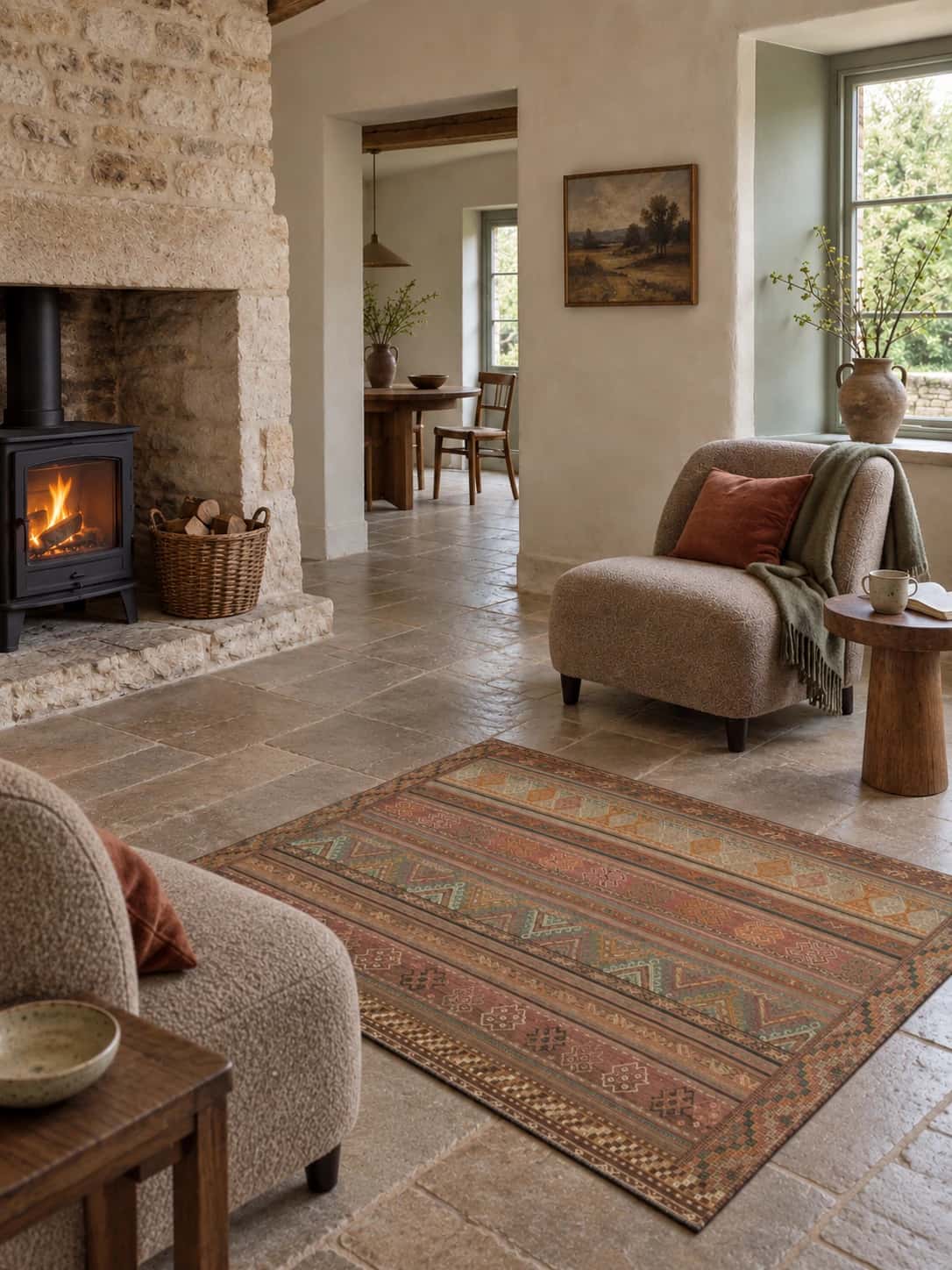 Alfombra persa kilim sumak, geométrica, 120x166 cm, de colores variados — En una habitación