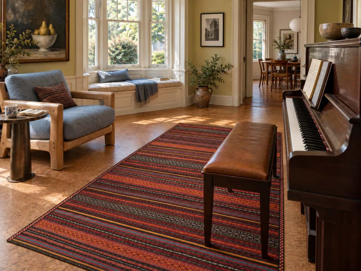 Persian Sumak Kilim rug, 151x206 cm, mainly red and orange — In a room