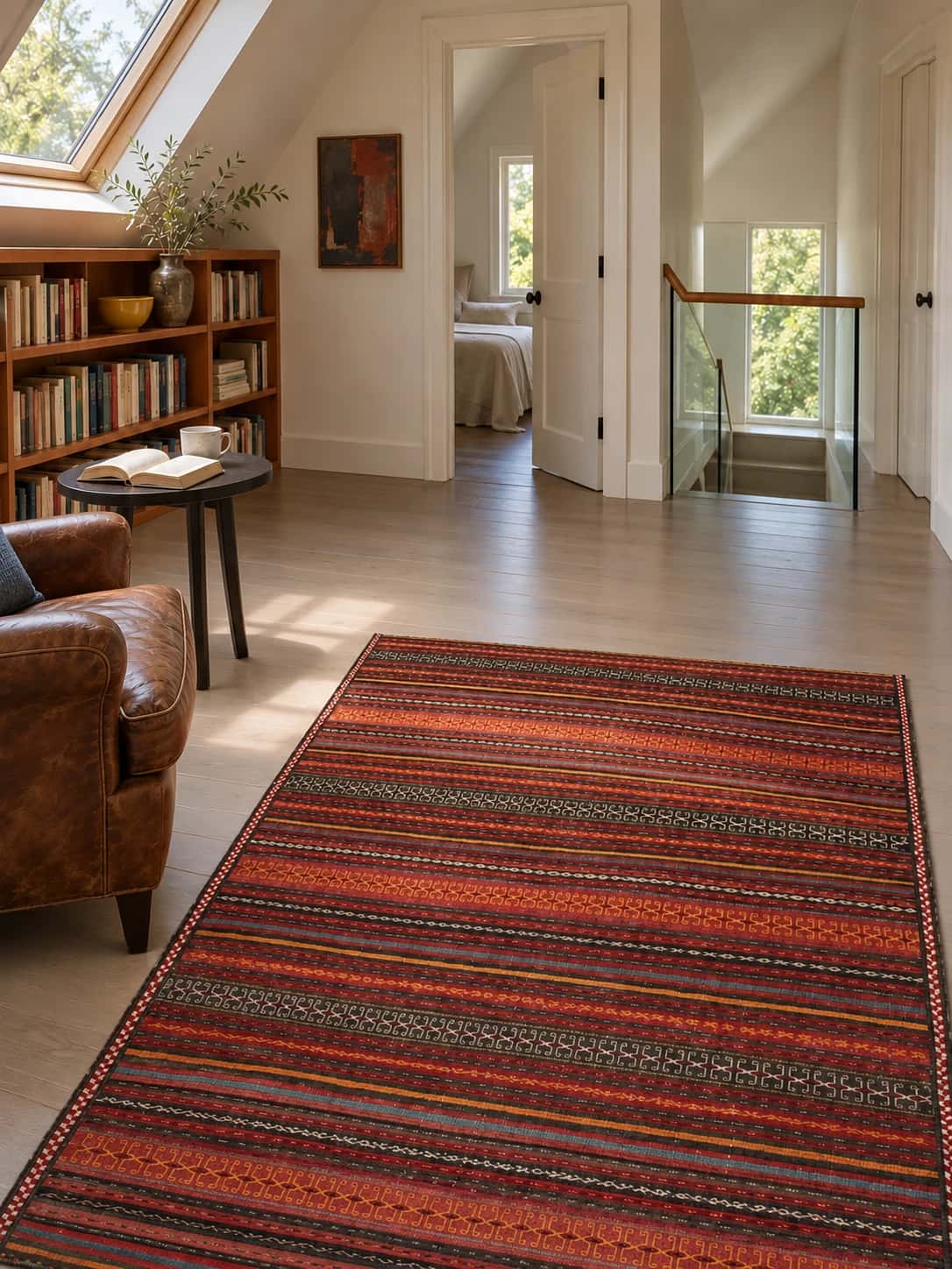 Persian Sumak Kilim rug, 151x206 cm, mainly red and orange — In a room