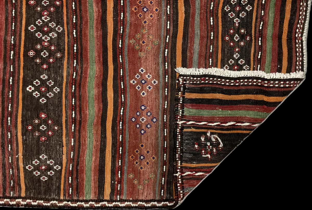 Persian rug of Sumak style in dimensions 125 centimeters length by 120 centimeters width with mainly red and black colors — Folded