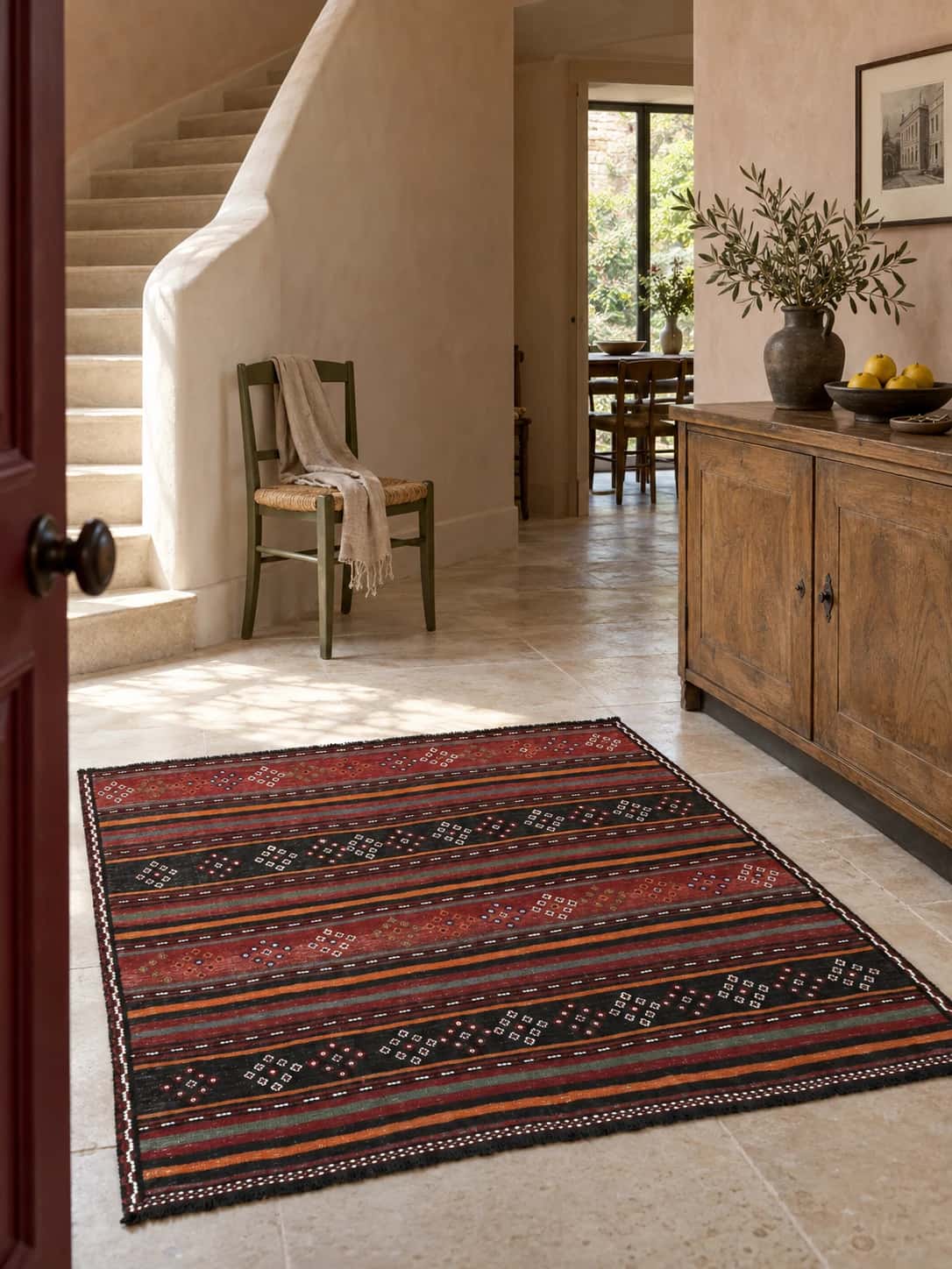 Alfombra persa kilim sumak, 120x125 cm, principalmente en rojo y negro — En una habitación
